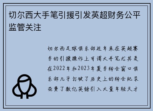 切尔西大手笔引援引发英超财务公平监管关注 切尔西大手笔引援引发英超财务公平监管关注
